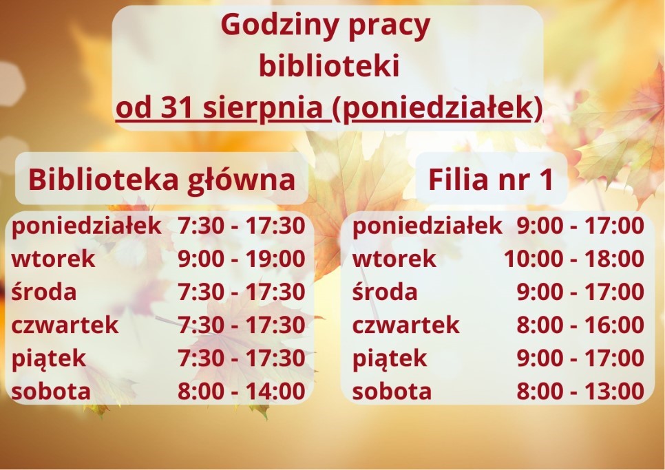 Godziny pracy biblioteki od 31 sierpnia 2026 roku:  Biblioteka główna:  poniedziałek: 7:30–17:30 wtorek: 9:00–19:00 środa: 7:30–17:30 czwartek: 7:30–17:30 piątek: 7:30–17:30 sobota: 8:00–14:00  Filia nr 1:  poniedziałek: 9:00–17:00 wtorek: 10:00–18:00 środa: 9:00–17:00 czwartek: 8:00–16:00 piątek: 9:00–17:00 sobota: 8:00–13:00.